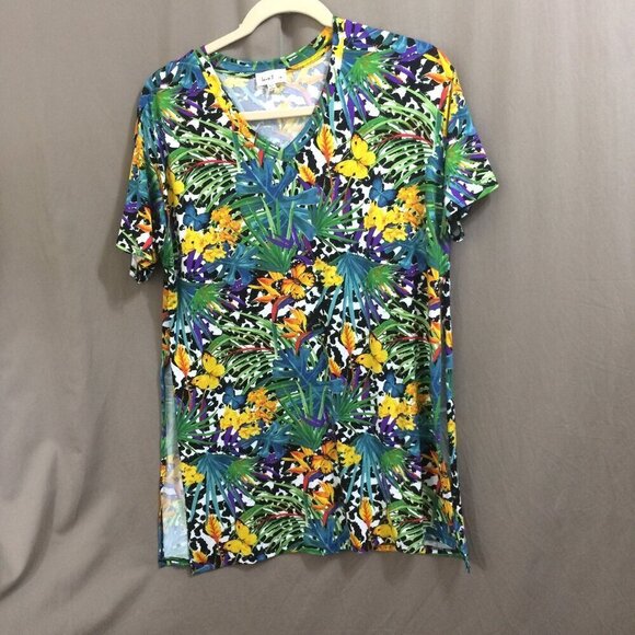 Love J Beach Cover Up Bright Tropical Print Stretch V-Neck Side Slits Size 1X - Picture 1 of 5